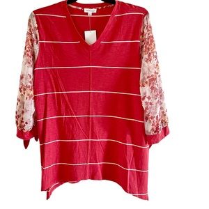 Westbound Stripe V-Neck Top with Sheer 3/4 Floral Sleeves Size L